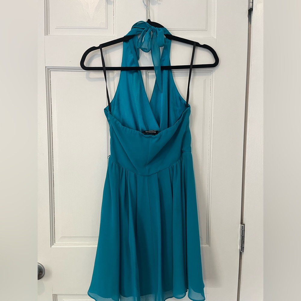 Teal/ Aqua bebe above the knees halter dress. Size small. Like new. - Picture 2 of 2
